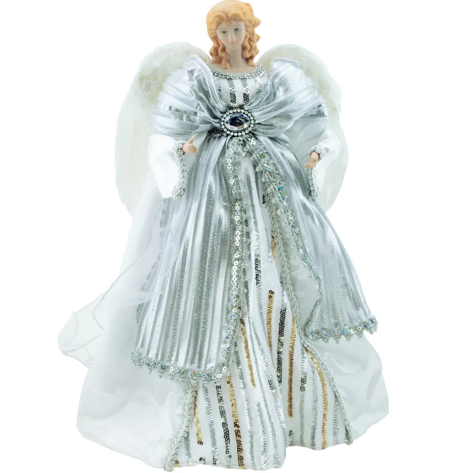 ANGEL TREE TOP 17″ WHITE W/GOLD & SILVER SEQUIN