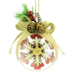 BALL CLEAR 75MM CLEAR W/ SNOWFLAKE RED/NAT BURLAP BOW