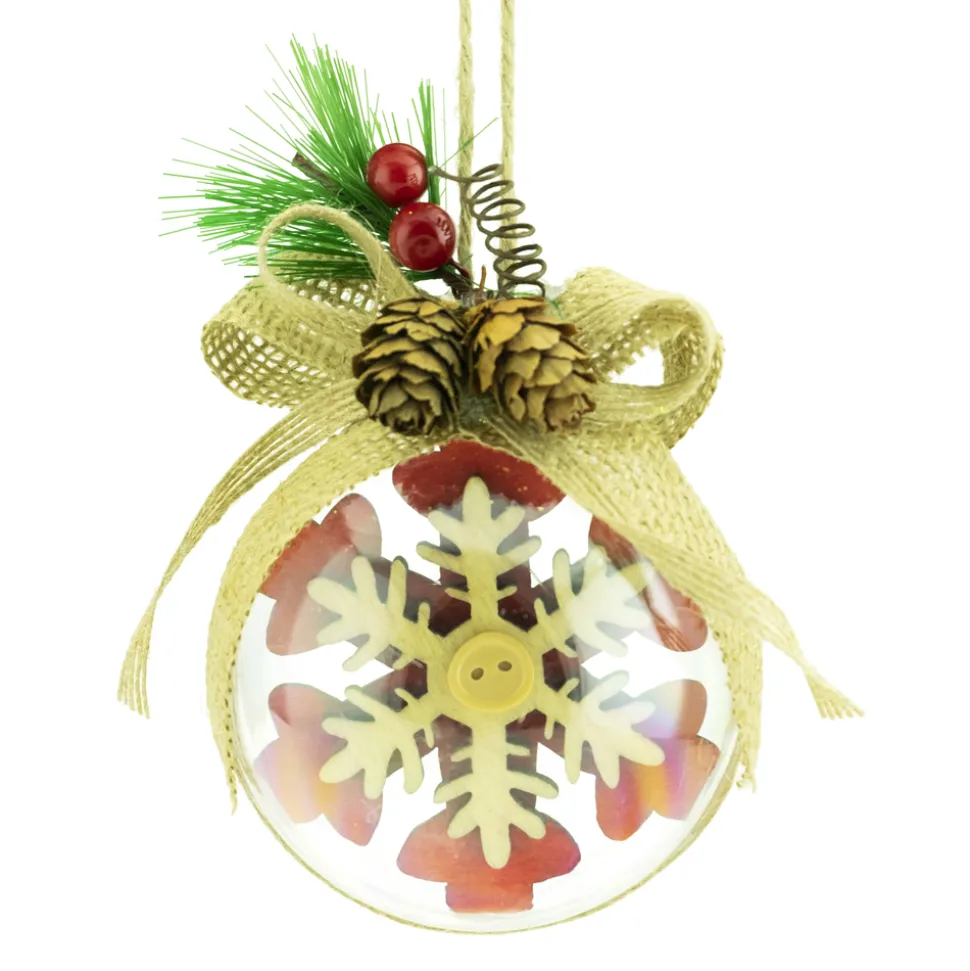 BALL CLEAR 75MM CLEAR W/ SNOWFLAKE RED/NAT BURLAP BOW