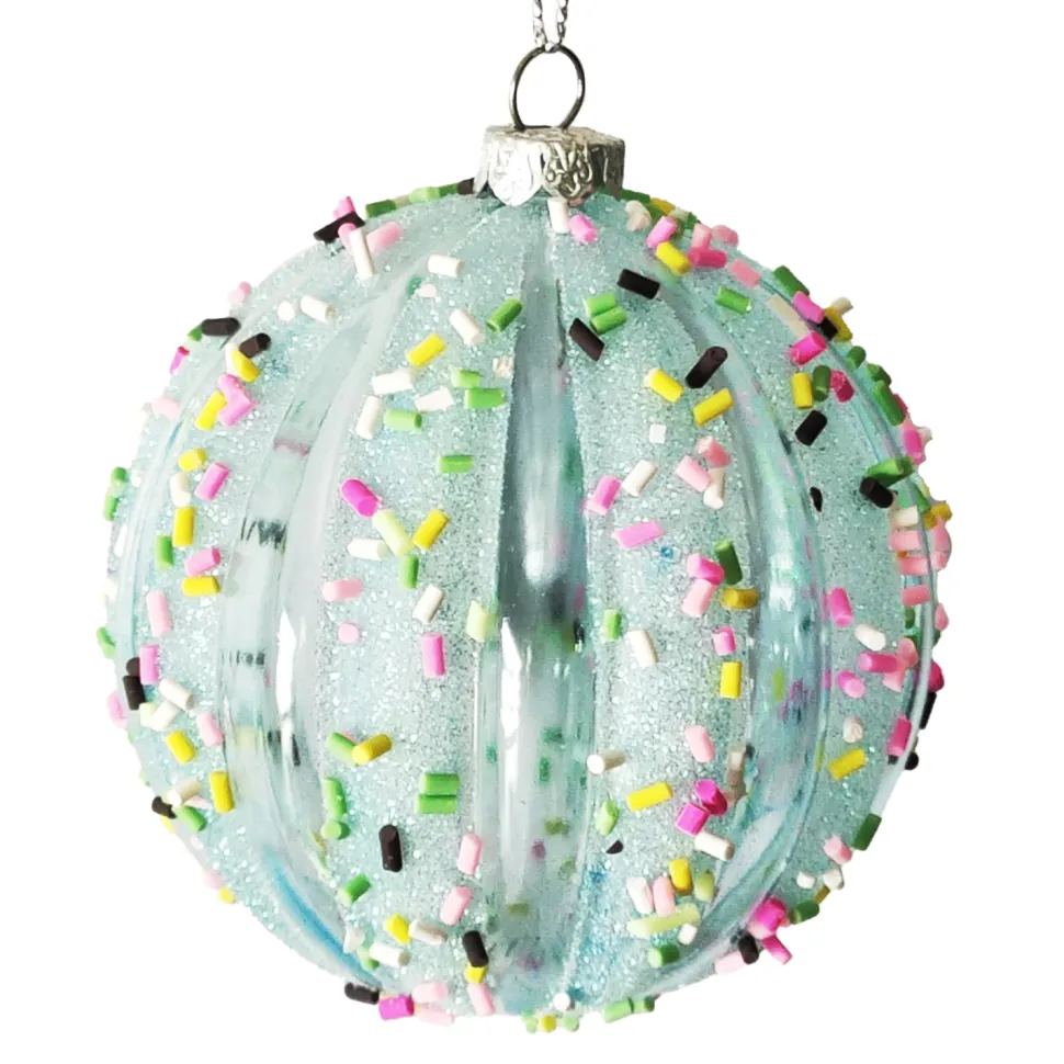 BALL DECOR BLUE 80MM MELLON W/ MULTI CANDY SPRINKLE