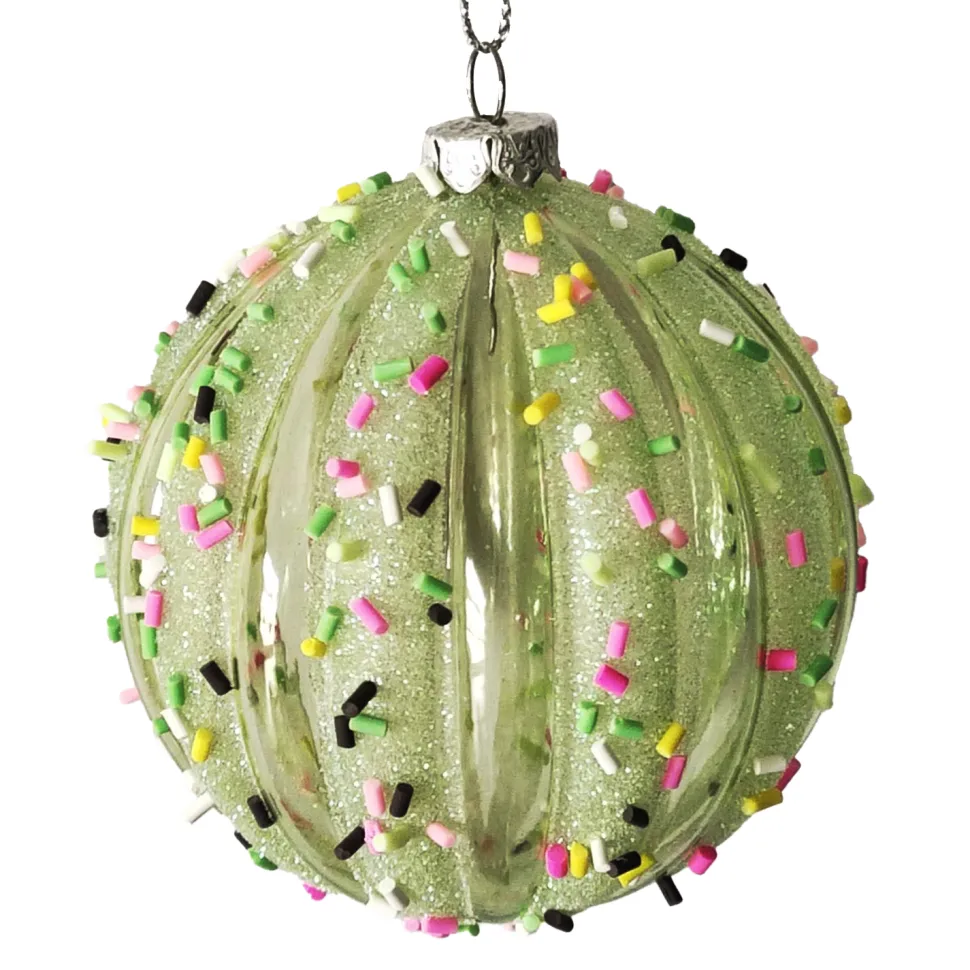BALL DECOR GREEN 80MM MELLON W/ MULTI CANDY SPRINKLE