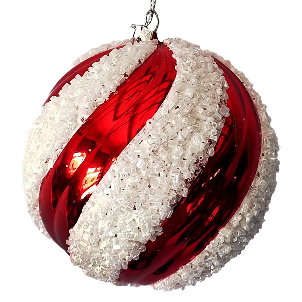 BALL DECOR RED/WHITE 100MM BEADED SWIRL