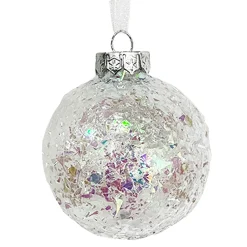 BALL DECOR WHITE IRR 80MM CLEAR W/ IRIDESCENT GLITTER