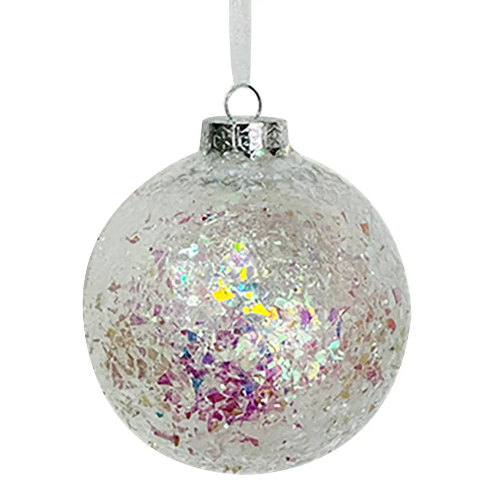 BALL DECOR WHITE IRR. 100MM CLEAR W/ IRIDESCENT GLITTER