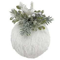 BALL GRASS WHITE 4″ W/ FROSTED PINE & BERRIES
