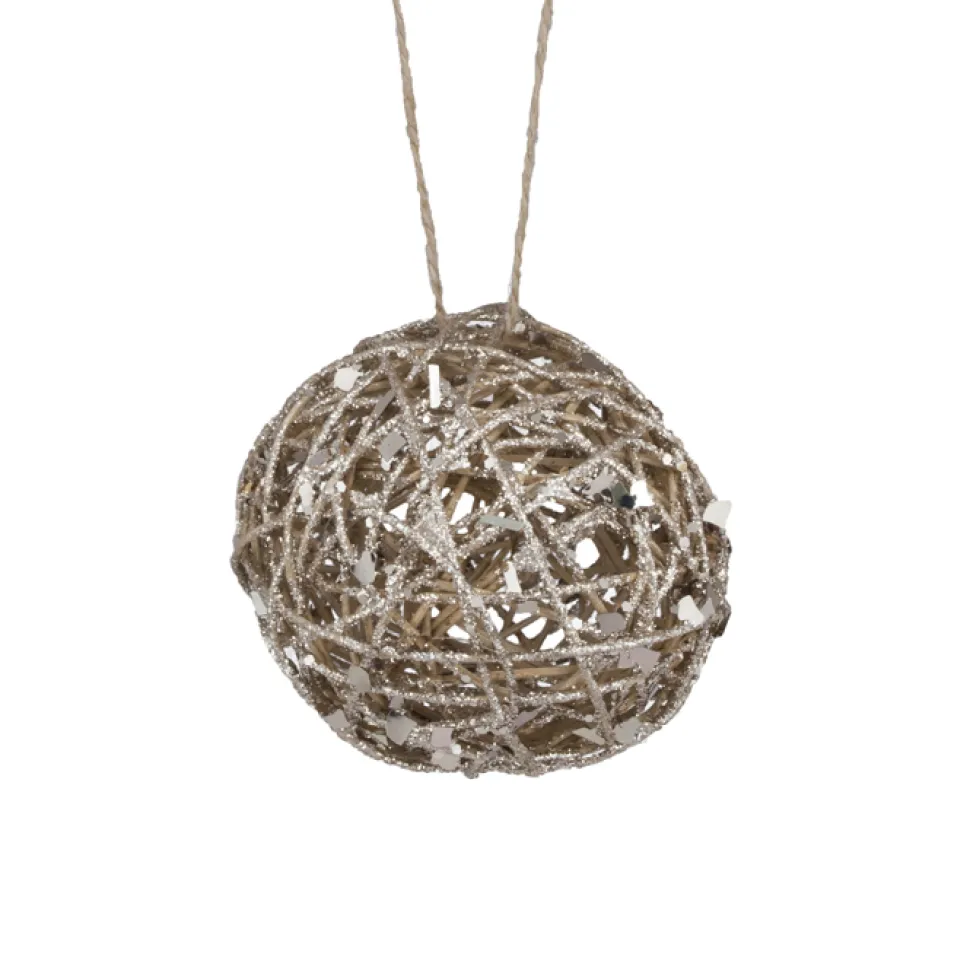 BALL NATURAL RATTAN/ GLTR 4″ W/ CHAMP. GLITTER