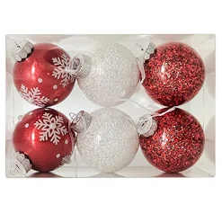 BALL 6PC 75MM RED & WHITE DECORATED