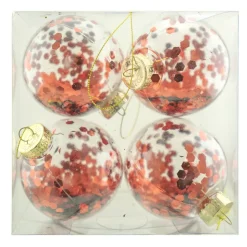 BALLS BOXED 4PC 80MM CLEAR W/ RED SEQUIN