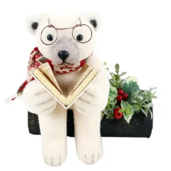 BEAR BEIGE READING A BOOK ON A LOG 9.5″ WHT/GREEN/RED