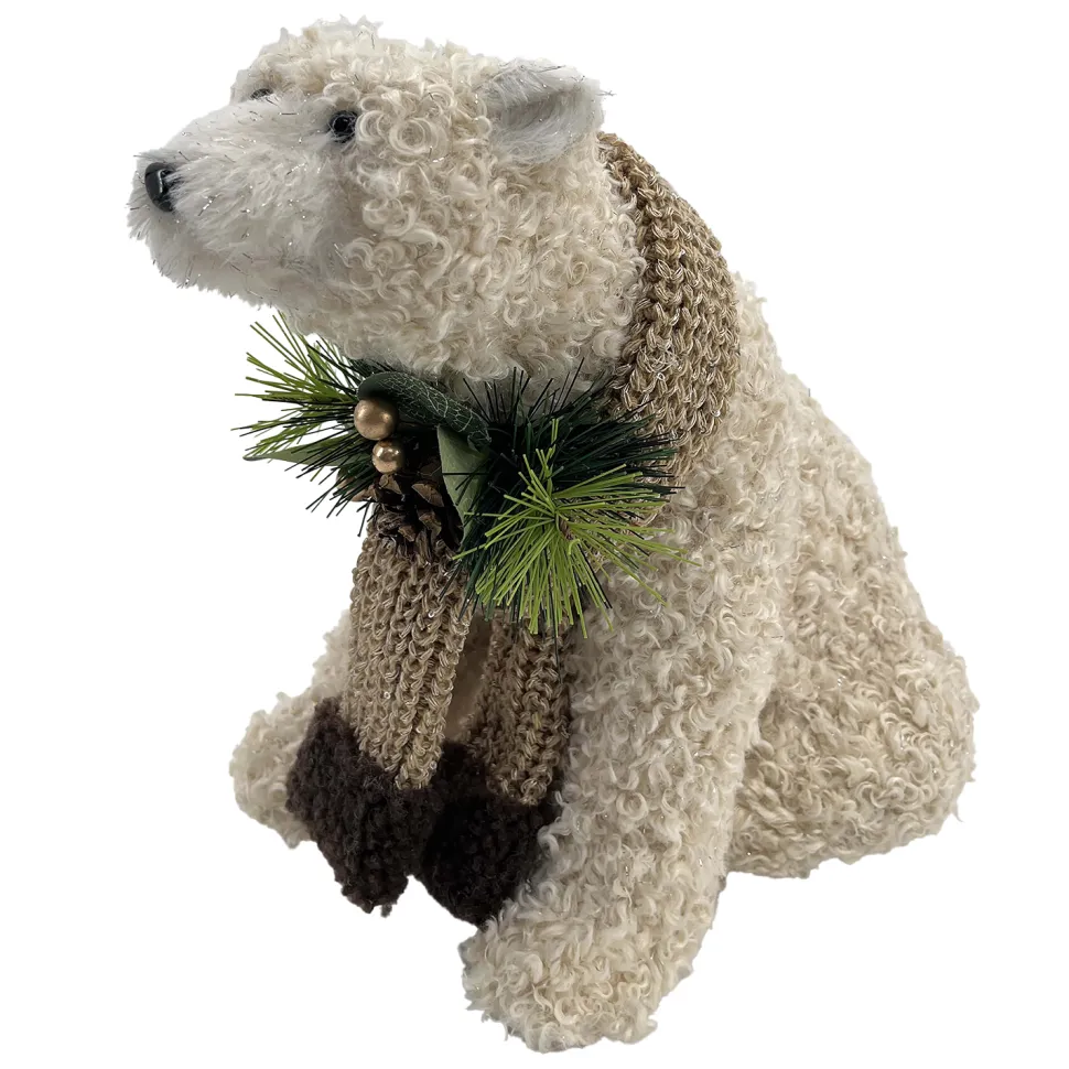 BEAR BEIGE SHERPA SITTING 9.5″x10″ W/ SCARF, NEEDLE PINE, CONE & EUCALYPTUS