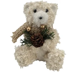 BEAR BEIGE SHERPA SITTING 5″x6.5″ W/ SCARF, PINE & CONE