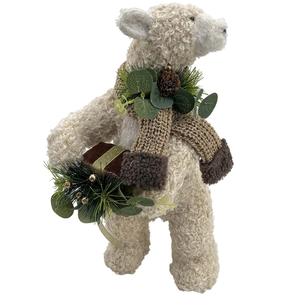 BEAR BEIGE SHERPA STANDING 8″x14″ W/ SCARF, NEEDLE PINE, CONE & EUCALYPTUS