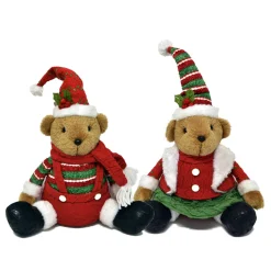 BEAR PLUSH SITTING 12″ BOY/ GIRL W/ RED/ GREEN STRIPES SHIRT & HAT