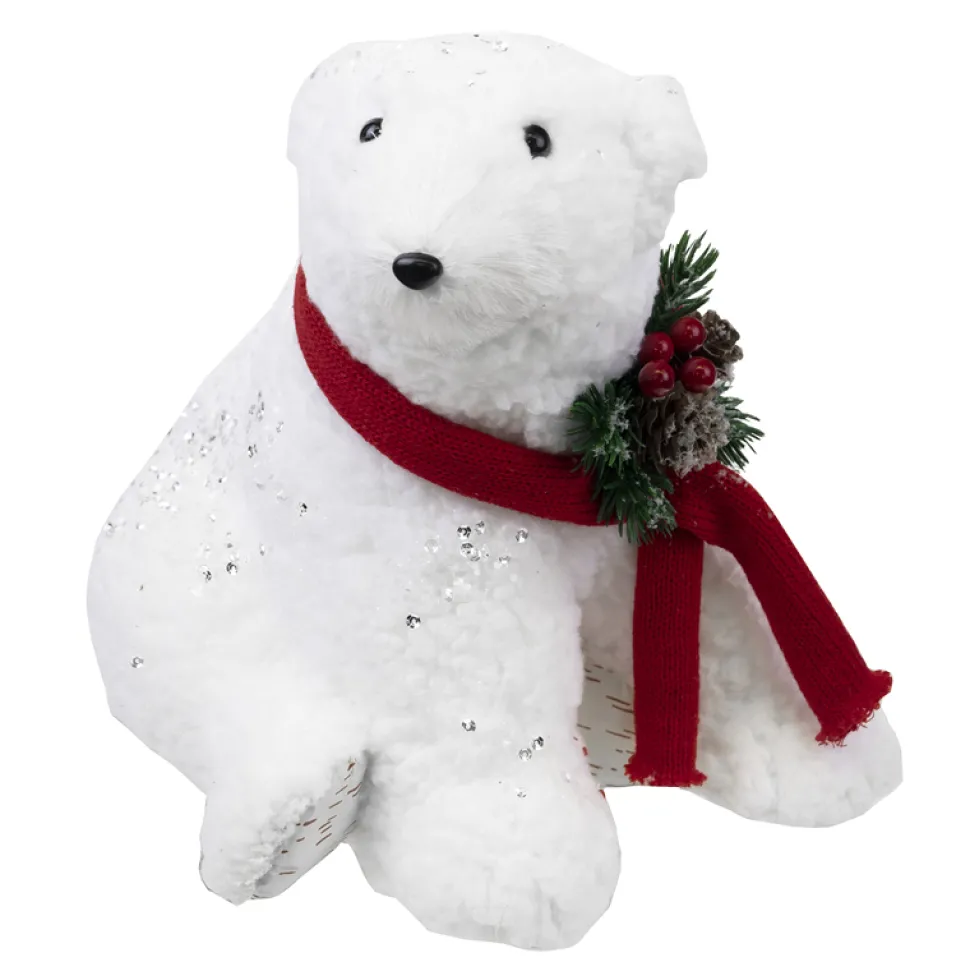 BEAR WHITE SITTING 10″ FUR W/CLEAR SEQUINS & RED SCARF