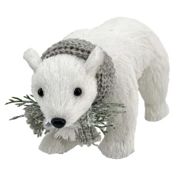 BEAR WHITE STANDING FAUX GRASS 9.5″x5.5″ W/ SCARF, FROSTED PINE & BERRIES