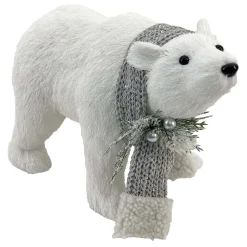 BEAR WHITE STANDING FAUX GRASS 12.5″x8.5″ W/ SCARF, FROSTED PINE & BERRIES