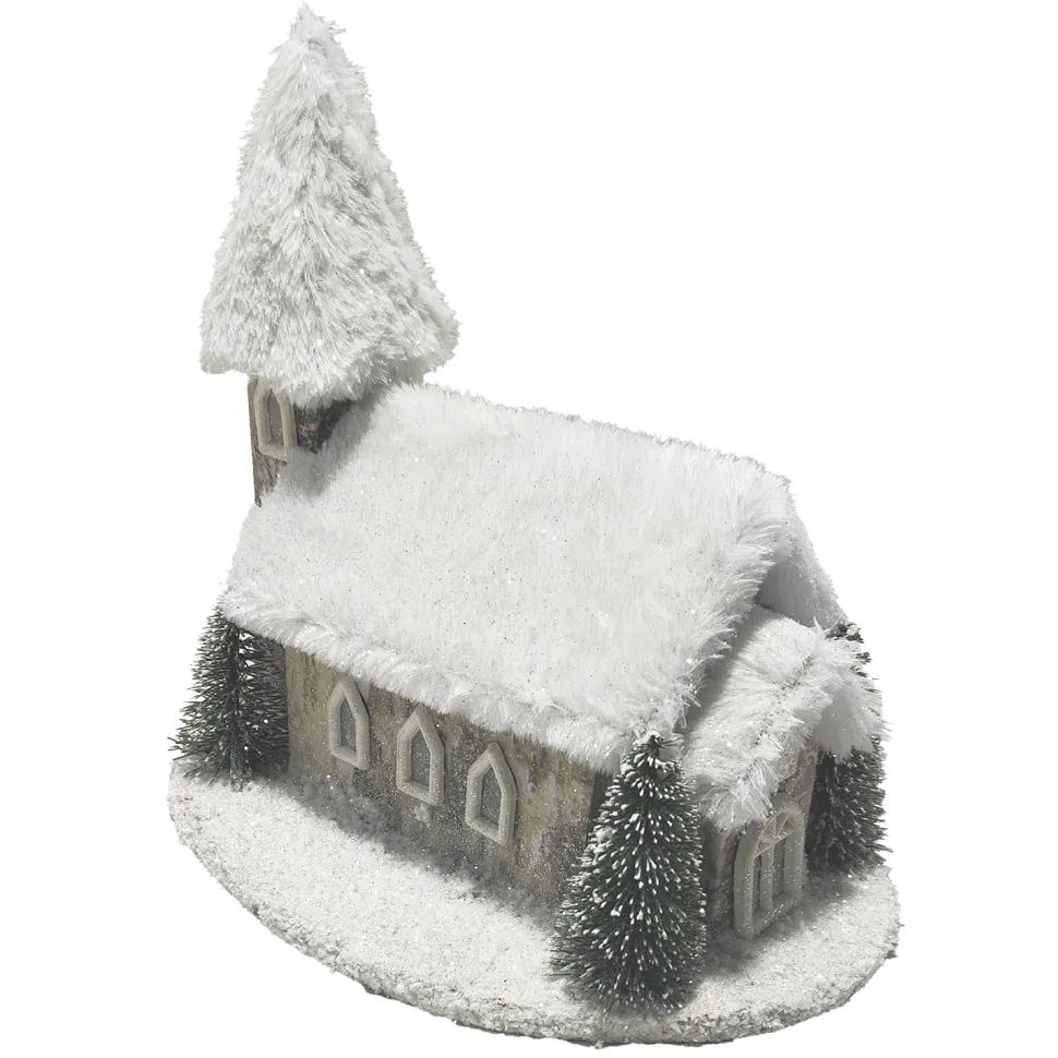 BIRCH LOOK CHURCH 10″x9.5″ SNOW ROOF LED LIGHT-UP W/ TIMER