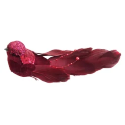 BIRD BURGUNDY FEATHERS/FABRIC 7.5″ BURGUNDY GLITTER, BEADS & SEQUINS W/ CLIP