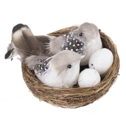 BIRD NATURAL BROWN/WHITE 3.5″ IN NEST AND EGGS FEATHER TAIL