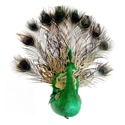 BIRD PEACOCK 17.5″ W/ GLITTER & LACE GREEN WITH CLIP
