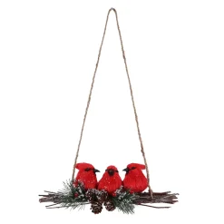 BIRD RED CARDINAL 12″ X3.5″ ON FROSTED TWIGS WITH PINE & CONE 3-BIRDS
