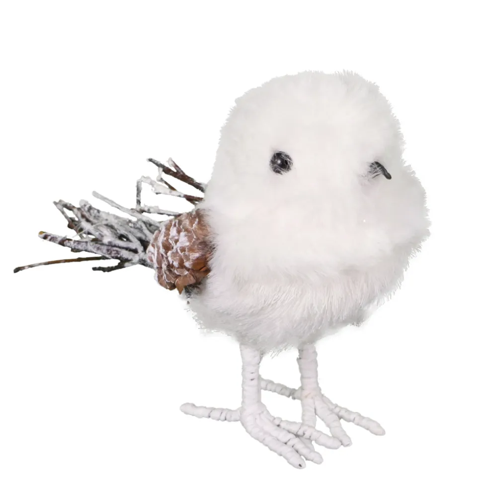 BIRD WHITE/IVORY 6.7″ FAUX FUR W/ TWIG TAIL