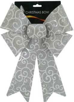 BOW SILVER/ WHITE GLITTER 9″ X 14″ SWIRL PATTERN