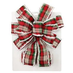 BOW TREE TOPPER 11″ X 31″ RED/GOLD COLORFUL PLAID WITH VELVET TRIM