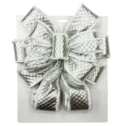 BOW TREE TOPPER 11″ X 31″ SHINY SILVER WITH VELVET TRIM