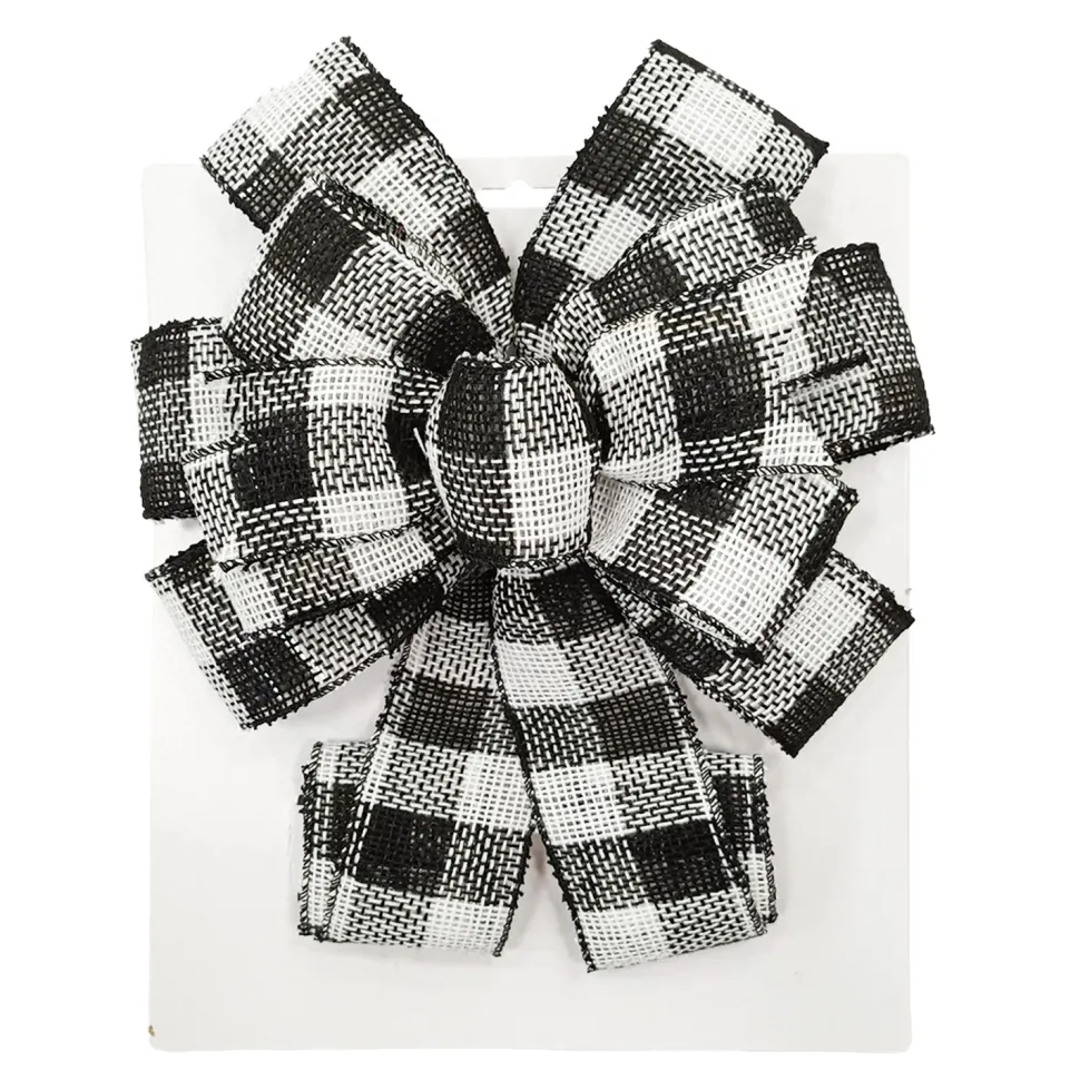 BOW TREE TOPPER 11″ X 31″ WHITE/BLACK BUFFALO PLAID
