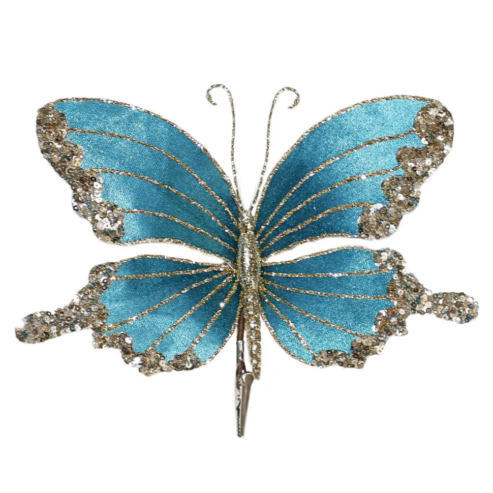 BUTTERFLY TEAL 9″ X 5.5″ VELVET W/ CHAMPAGNE GLITTER & SEQUINS W/ CLIP