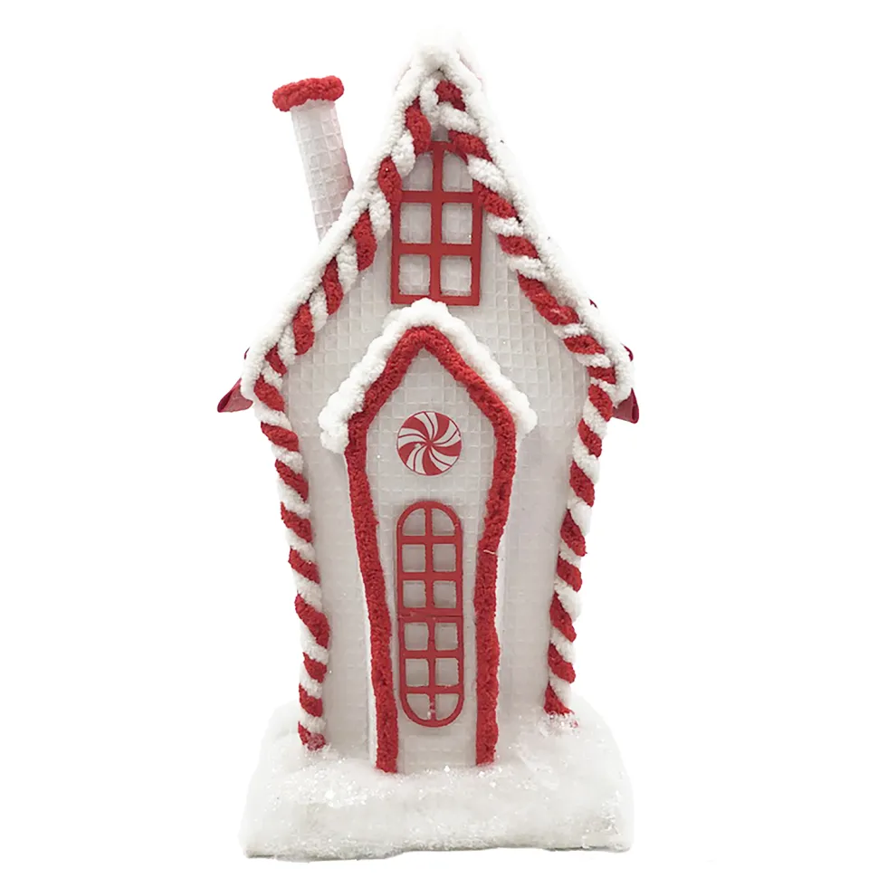 CANDY HOUSE TABLE DECOR SNOWED 13″ RED/WHITE GLITTER