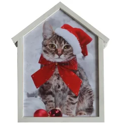 CANVAS W/ FRAME 12″X15″20 LED CAT W/ SANTA HAT W/TIMER