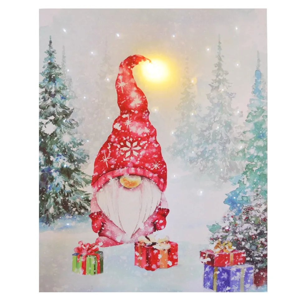 CANVAS 12″X16″ 1 LED+30 FBR GNOME SNOWY SCENE W/TIMER