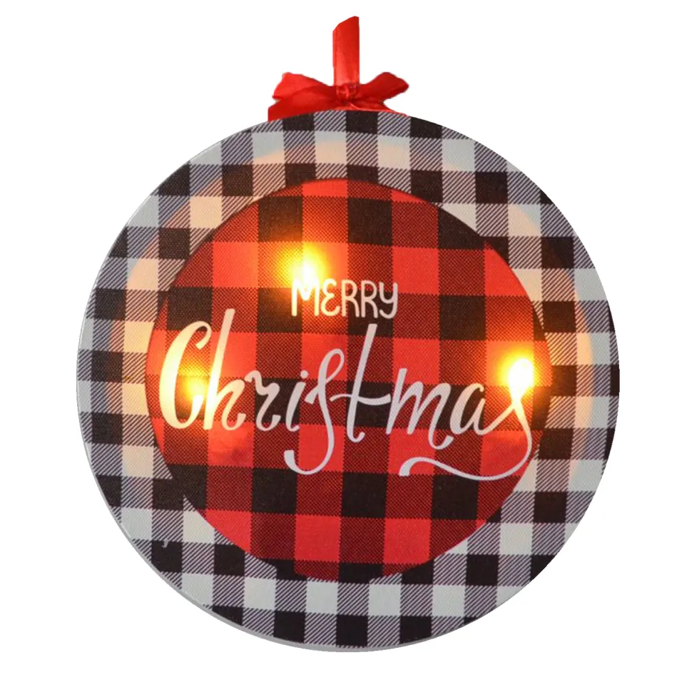 CANVAS 8″X8″ 3 LED PLAID W/ “MERRY CHRISTMAS”