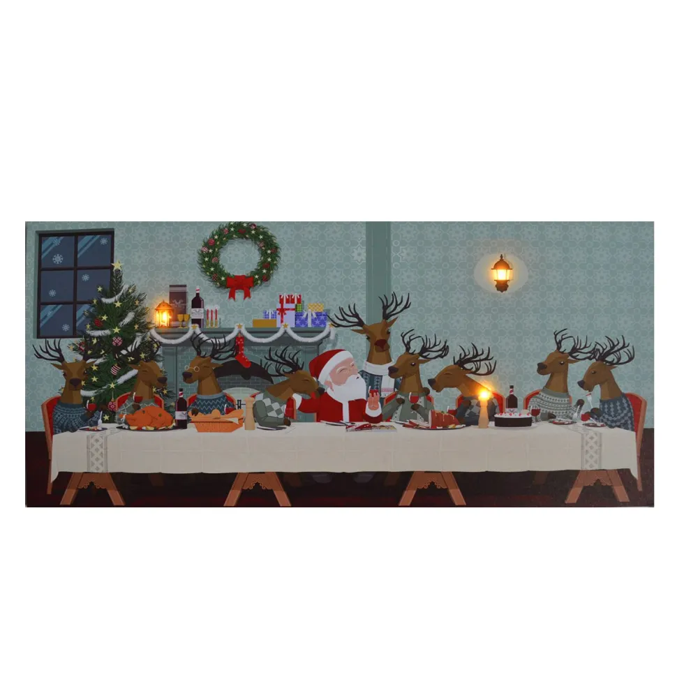 CANVAS 24″X12″ 3 LED REINDEER & SANTA DINNER W/TIMER