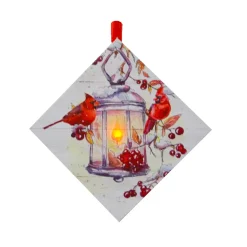 CANVAS 5″X5″ 1 LED W/ CARDINAL ON A BIRD HOUSE