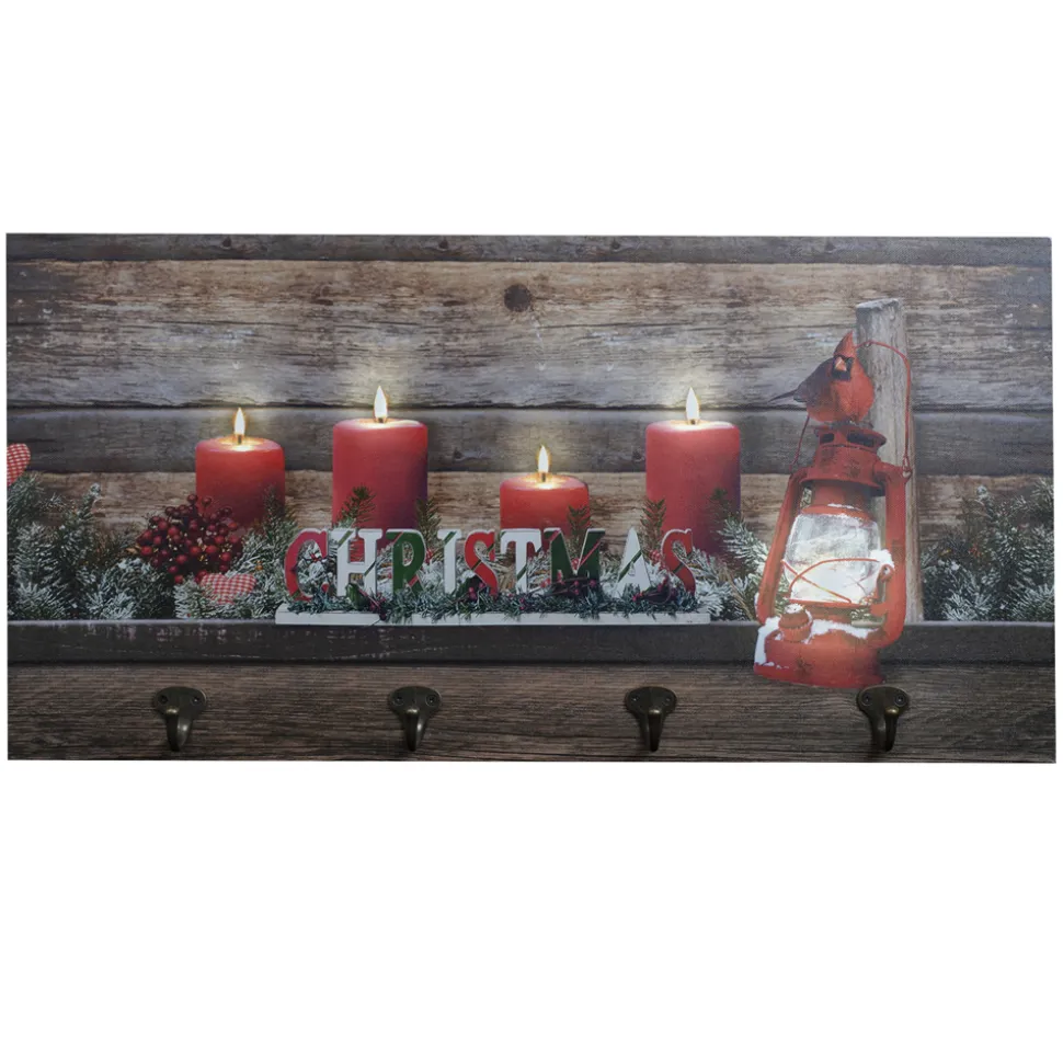 CANVAS 24″X12″ 5LED RED CANDLES AND LAMP W/4 COAT HOOKS BF