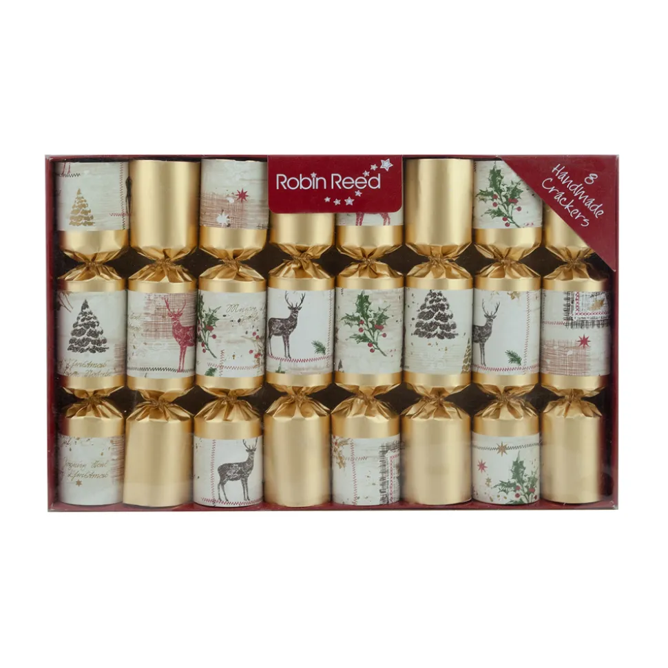 CHRISTMAS CRACKER DLX 8PCX8.5″ GOLD/WHITE WITH REINDEER PRINT