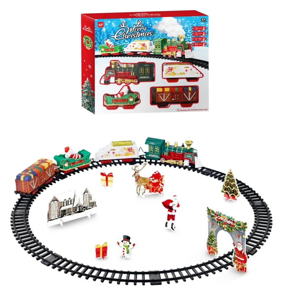 CHRISTMAS TRAIN SET W/MOVEMENT, MUSIC, SOUND, LIGHTS & SMOKE 21PCS – B/O 30.5″x30.5″