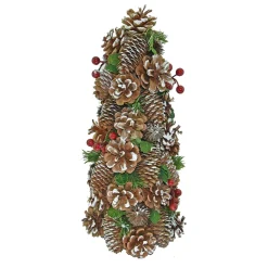 CONE TREE 17″ PINE CONE NAT/ WHITE W/ BERRIES & GREENS