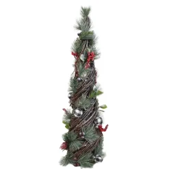 CONE TREE NAT. RATTAN 22″ W/ MIXED PINE & BERRIES FROSTED