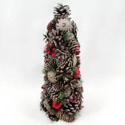 CONE TREE NATURAL PINECONE 16″ WHITE WASHED W/ RED BALLS