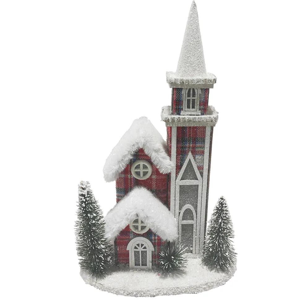 COTTAGE HOUSE 9″x14″ RED/PLAID W/ SNOW ROOF LED LIGHT-UP W/ TIMER