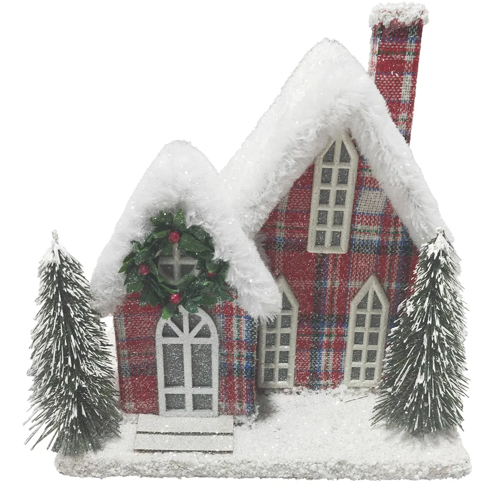 COTTAGE HOUSE 9″x9″ RED/PLAID W/ SNOW ROOF LED LIGHT-UP W/ TIMER