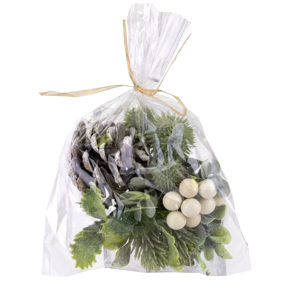 CRAFT BAG 5″X6″ FROSTED MIXED GREEN W/ WHITE BERRIES & PINE CONES