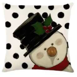 CUSHION DECORATIVE 16″x16″ – SNOWMAN IVORY/BLACK/RED
