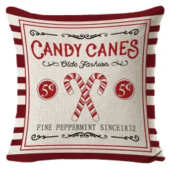 CUSHION DECORATIVE 16″x16″ “CANDY CANES” IVORY/RED