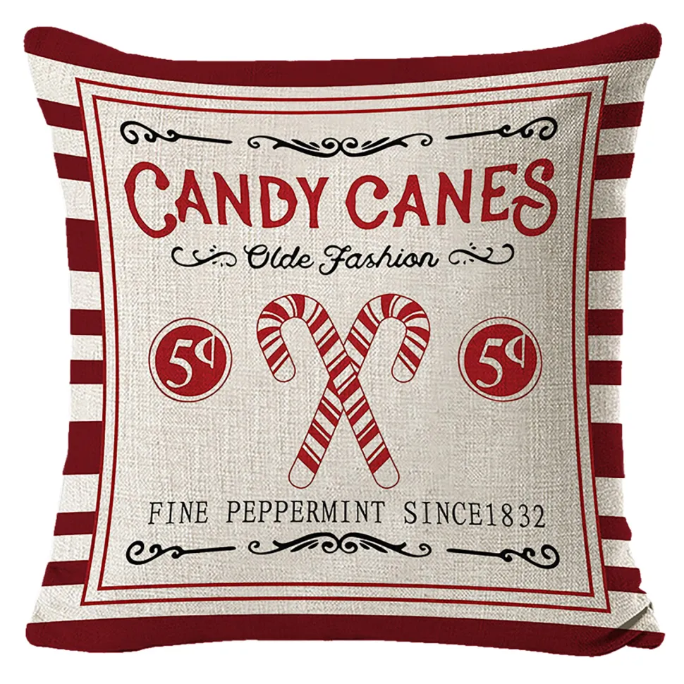 CUSHION DECORATIVE 16″x16″ “CANDY CANES” IVORY/RED