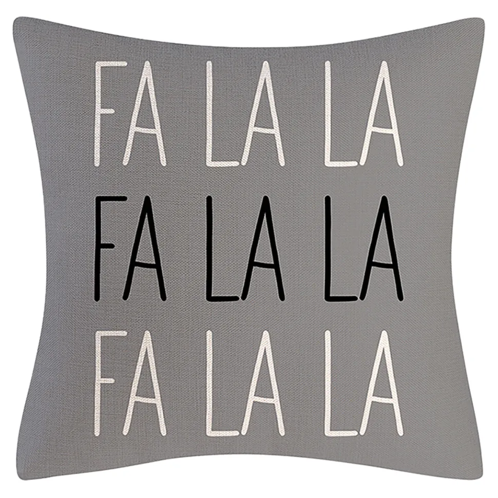 CUSHION DECORATIVE 16″x16″ “FA LA LA” GRAY/WHITE/BLACK